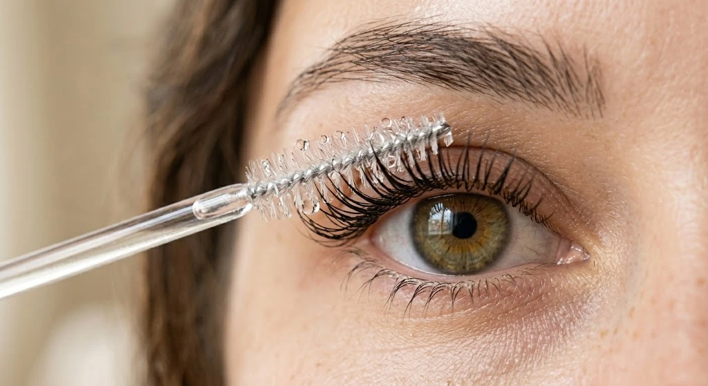 Applying castor oil to eyelashes with a clean mascara wand