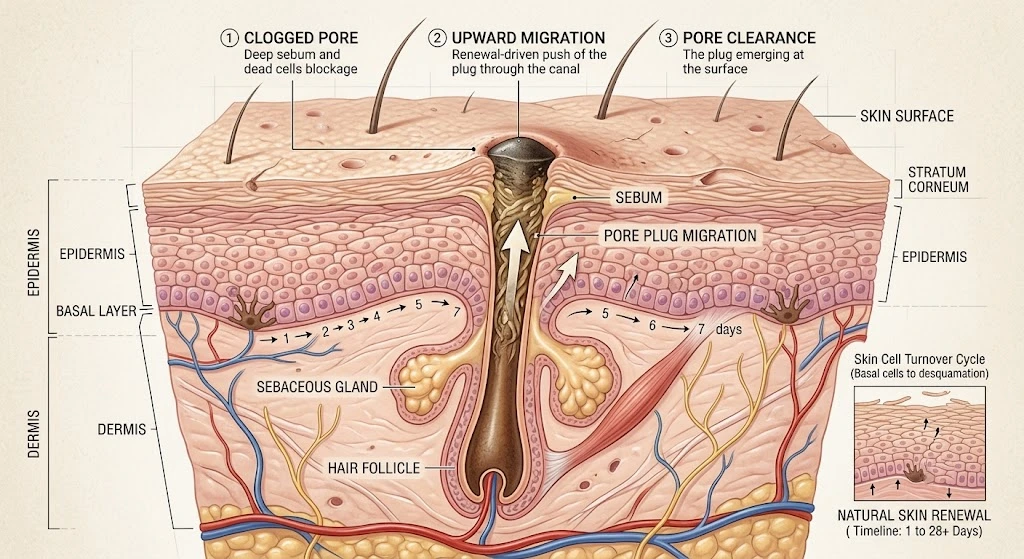 Illustration showing retinol purging process beneath the skin