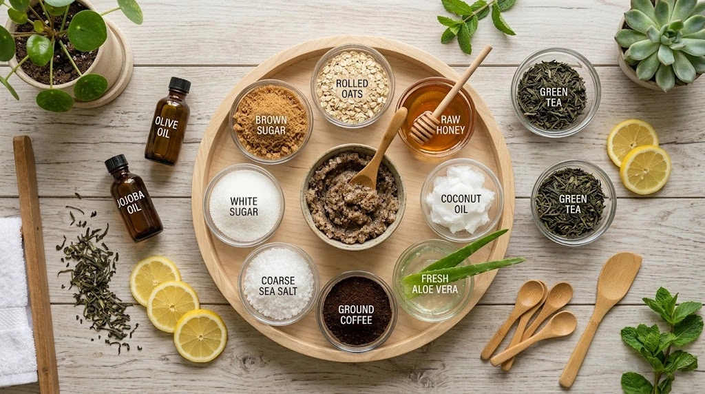 Natural ingredients like sugar, sea salt, oats, honey, and coconut oil for DIY body scrubs.