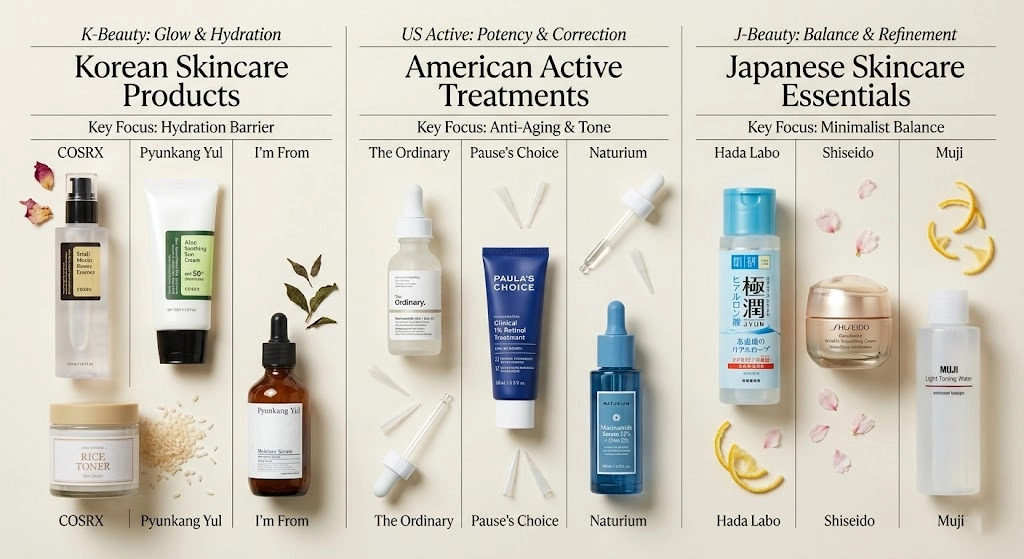 Comparison of Korean, American, and Japanese skincare products.
