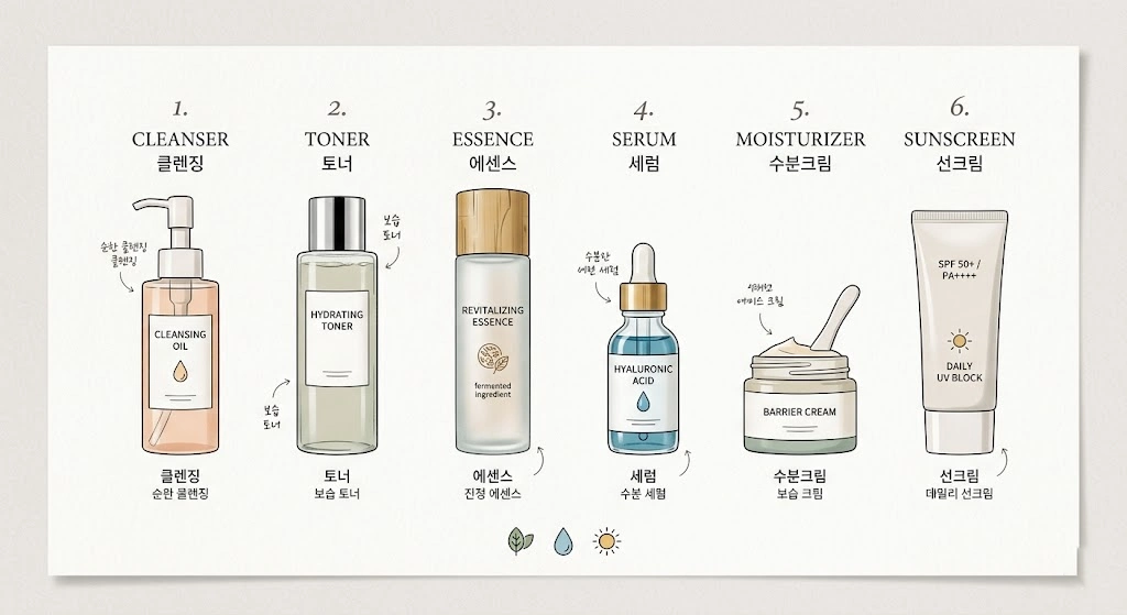 Korean skincare routine products displayed in step-by-step order.