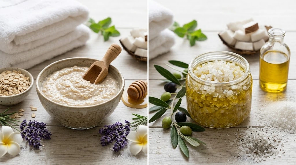 Oatmeal yogurt scrub and sea salt olive oil scrub made with natural ingredients.