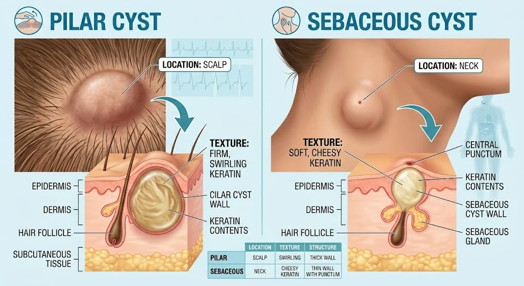 Medical infographic comparing pilar cyst and sebaceous cyst