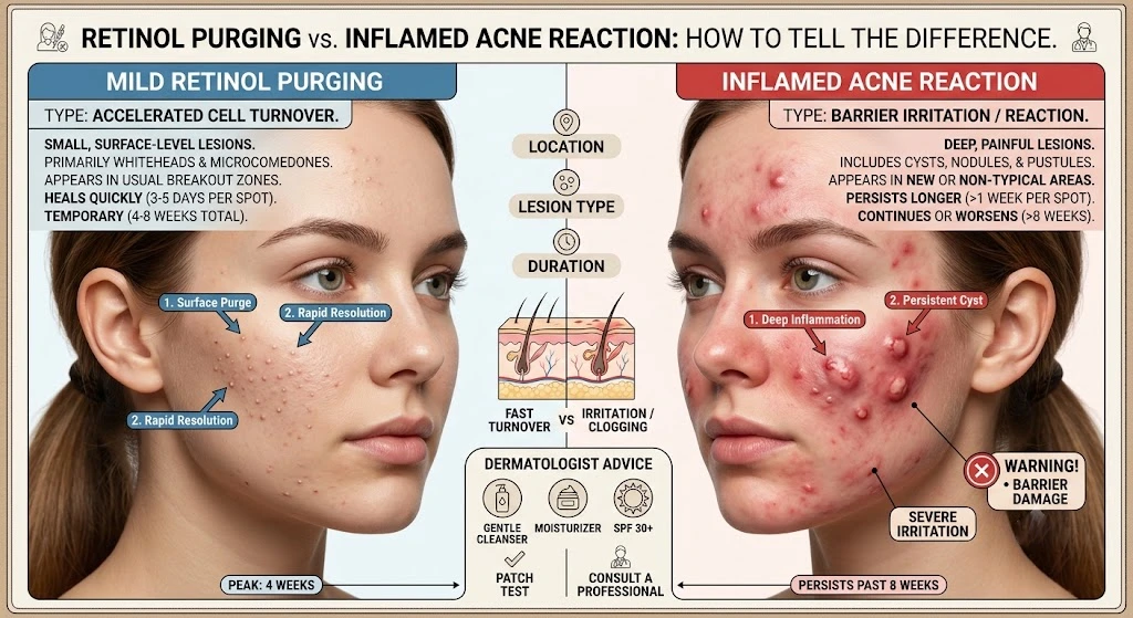 Comparison between retinol purging and an acne breakout