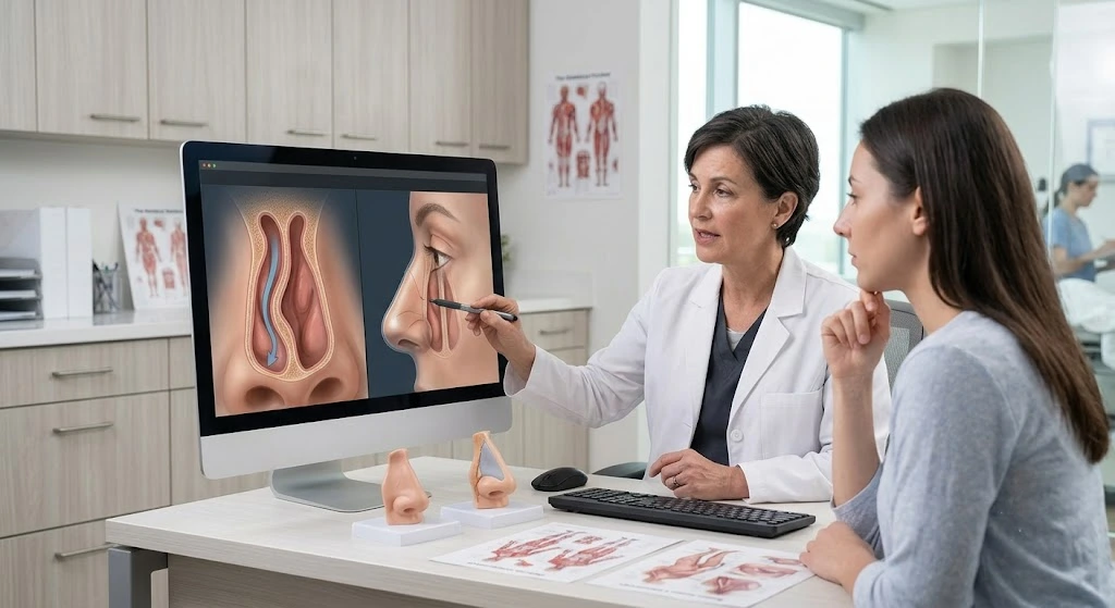 Doctor explaining septoplasty and rhinoplasty using a digital nose model.