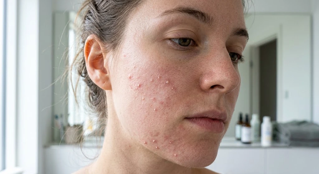 Typical signs of retinol skin purging including small pimples and redness