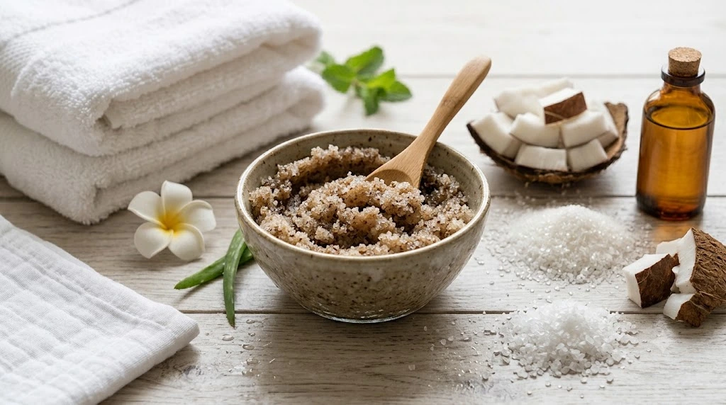Natural ingredients like sugar, sea salt, oats, honey, and coconut oil for DIY body scrubs.
