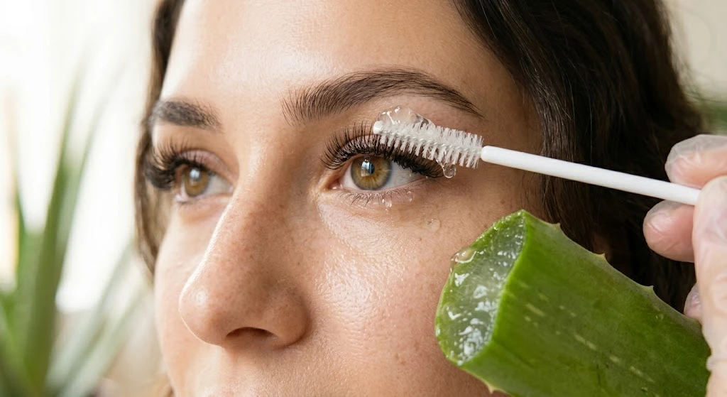 Aloe vera gel being applied to eyelashes
