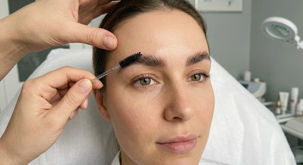 Brow lamination treatment reshaping natural eyebrow hairs