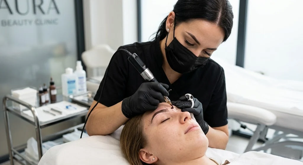 Eyebrow tattoo procedure using cosmetic tattoo machine