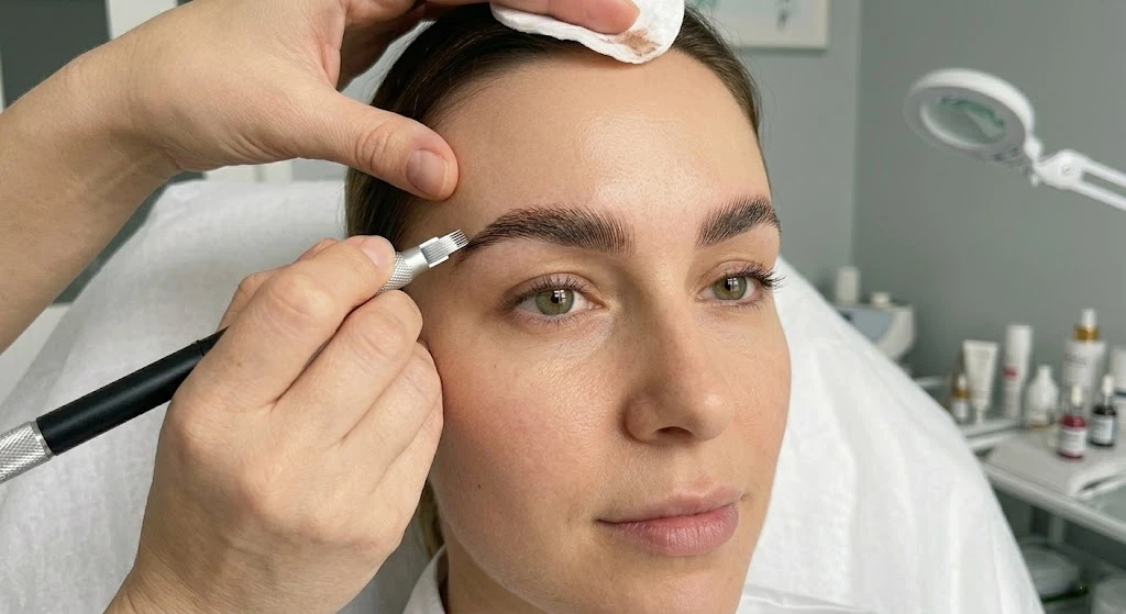 Microblading procedure creating natural eyebrow hair strokes