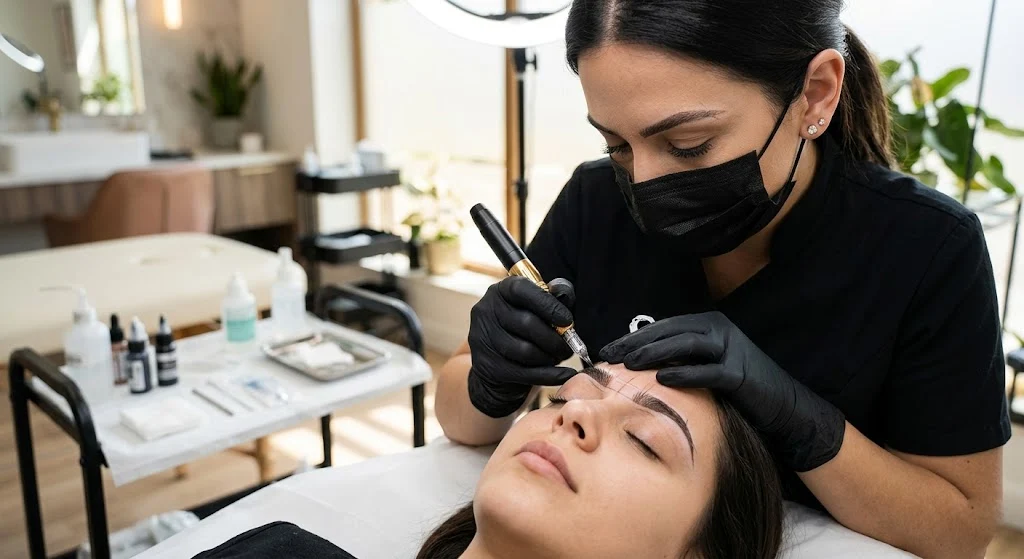 Microblading procedure creating natural eyebrow hair strokes