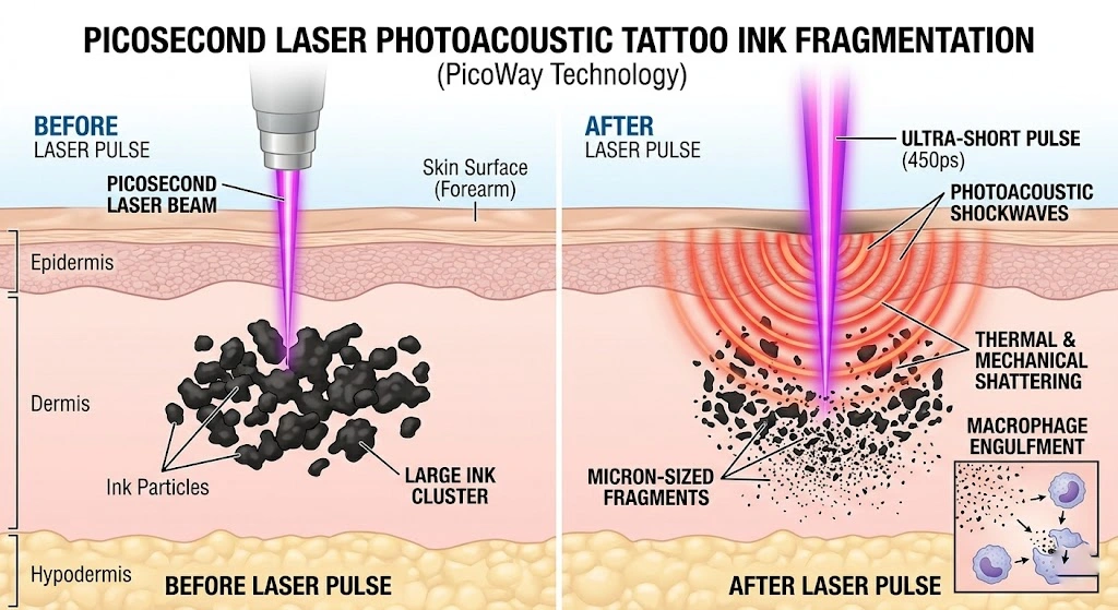 Picosecond laser breaking tattoo ink under skin diagram