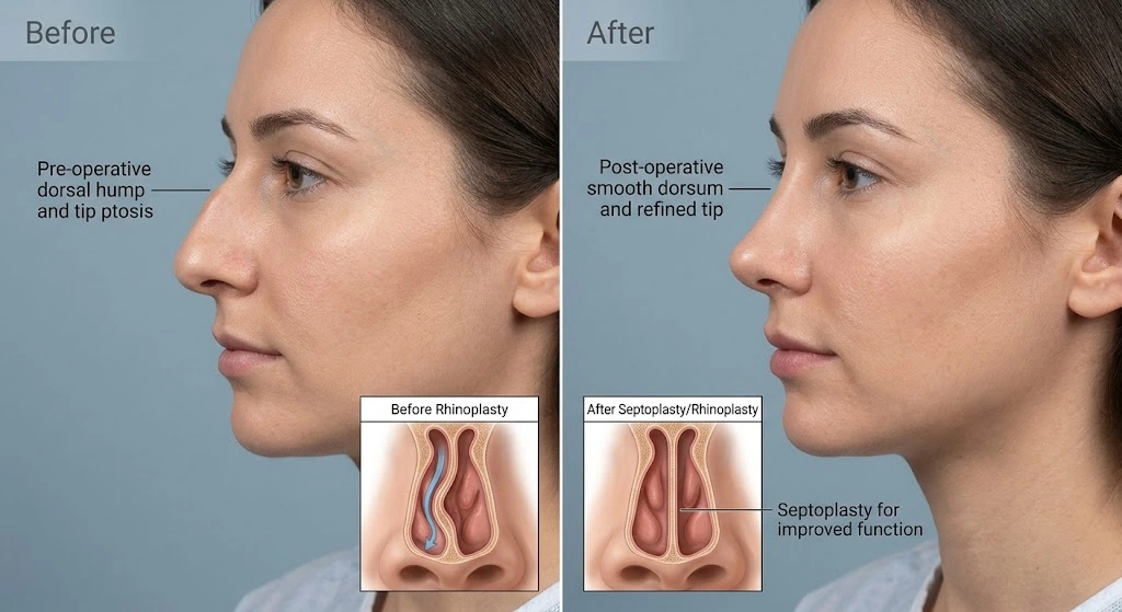 Before and after cosmetic rhinoplasty showing a refined nose shape.