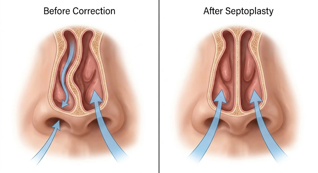 Medical illustration showing a deviated septum before and after septoplasty.