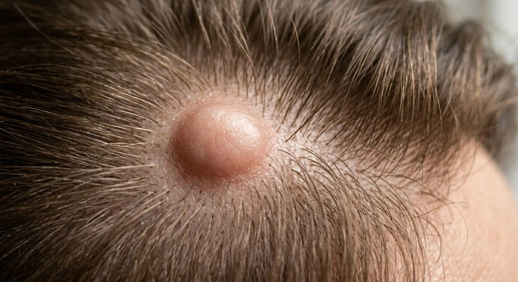 Small pilar cyst visible beneath scalp skin