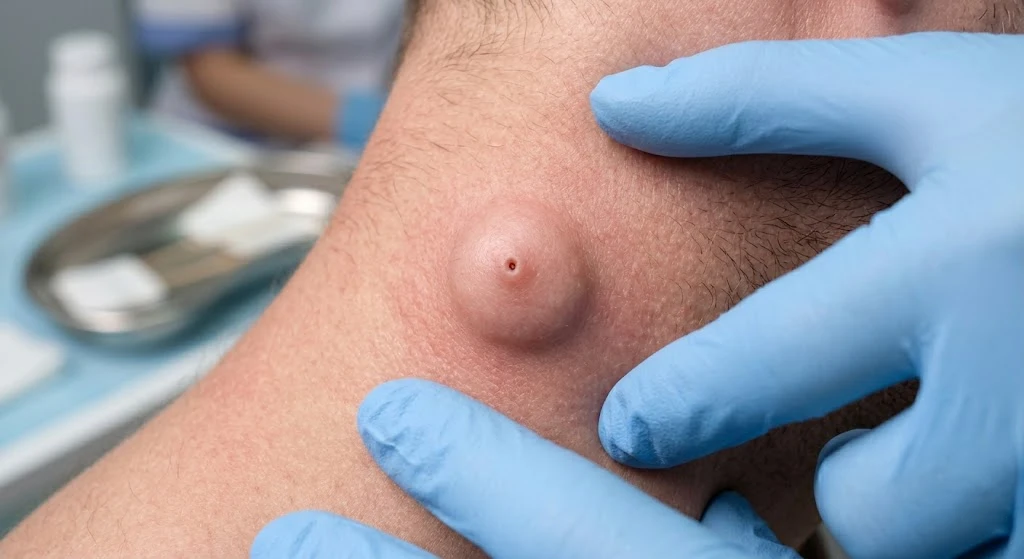 Sebaceous cyst with visible punctum on neck