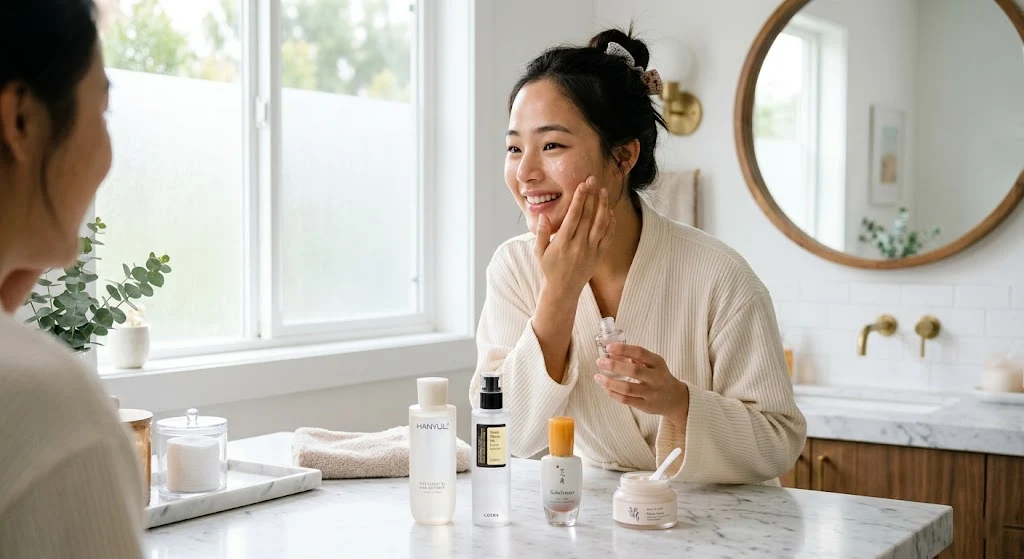 Woman following a Korean multi-step skincare routine.