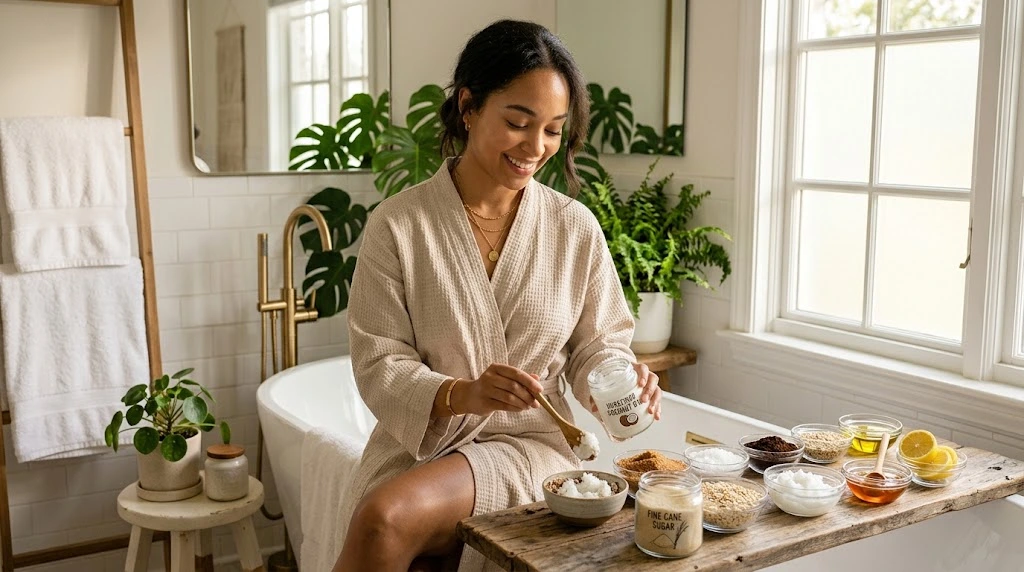 Woman preparing a homemade sugar body scrub with natural ingredients.