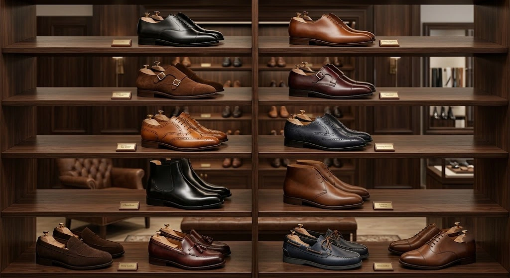 Classic men's shoes including Oxfords, loafers, brogues, and Chukka boots.