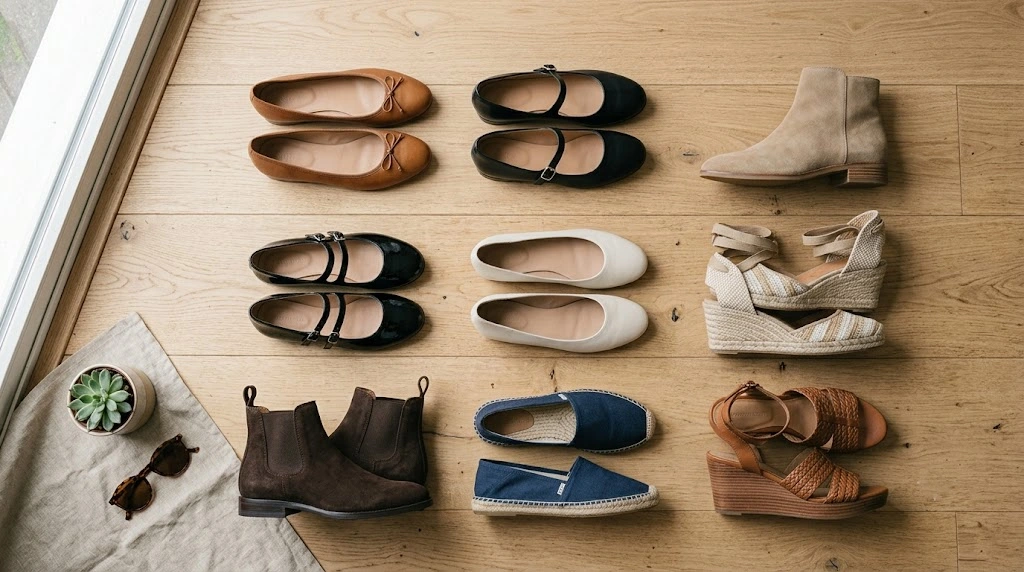Popular women's shoe styles including ballet flats, ankle boots, Mary Janes, and wedges.