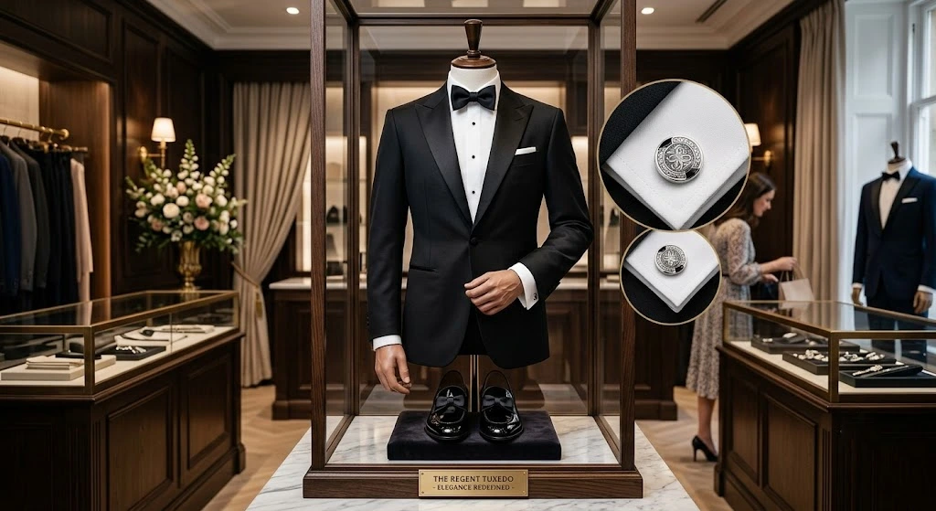 Classic black tuxedo with bow tie for a black tie wedding.