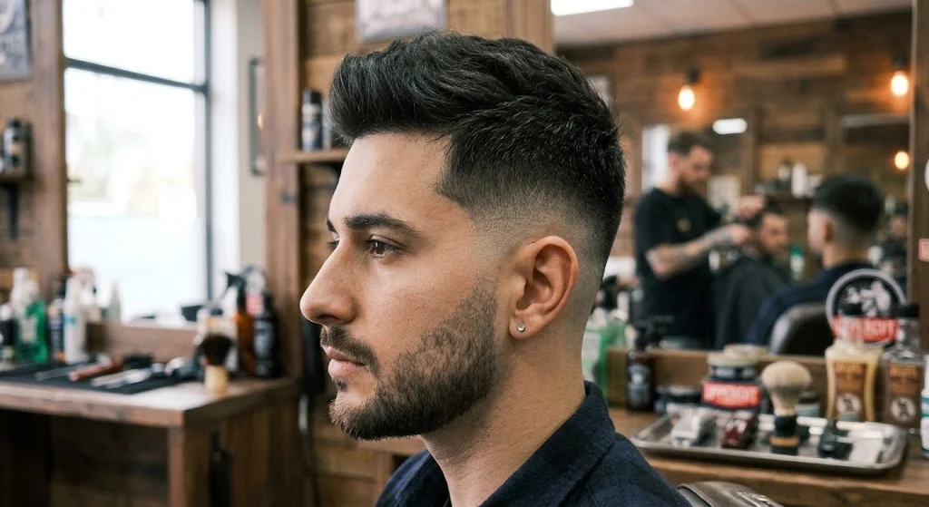 Burst fade haircut with textured faux hawk.