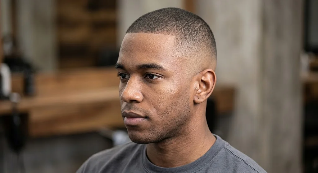 Buzz cut fade hairstyle with short faded sides.