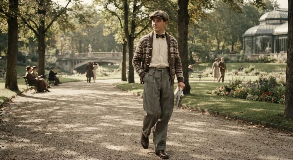 Casual 1920s outfit with cardigan and flat cap.