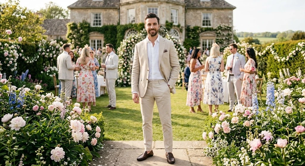 Man wearing linen blazer and chinos at a garden wedding.