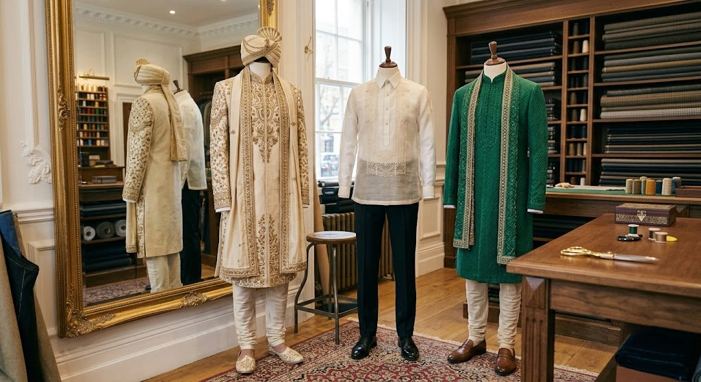 Traditional men's wedding outfits including sherwani, kurta, and barong.