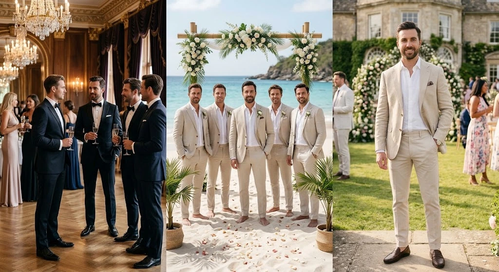 Comparison of men's wedding outfits for ballroom, beach, and garden weddings.