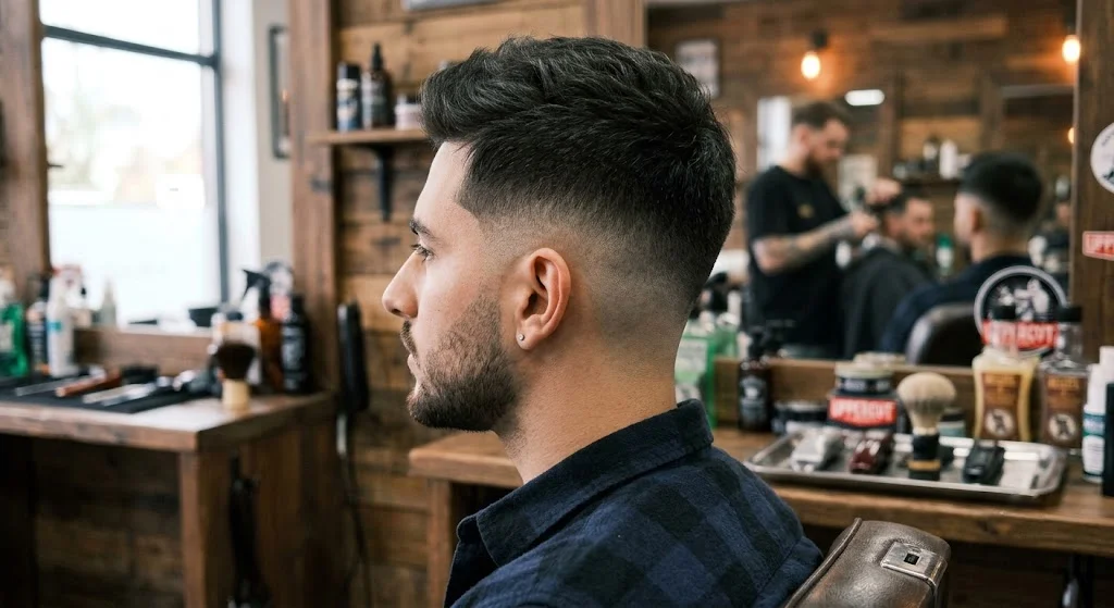 Drop fade haircut viewed from the side and back.