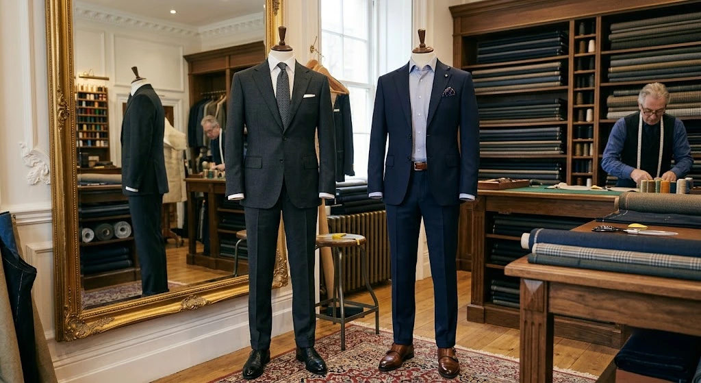 Formal charcoal suit and cocktail navy suit for wedding guests.