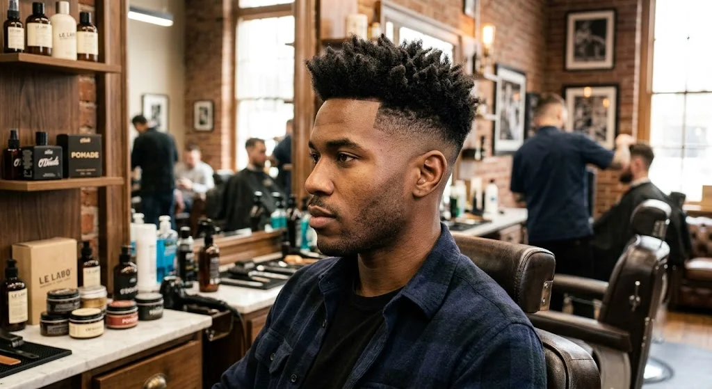 High fade haircut with textured top hairstyle.