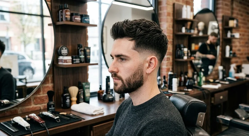 Side view of a man with a mid fade haircut.