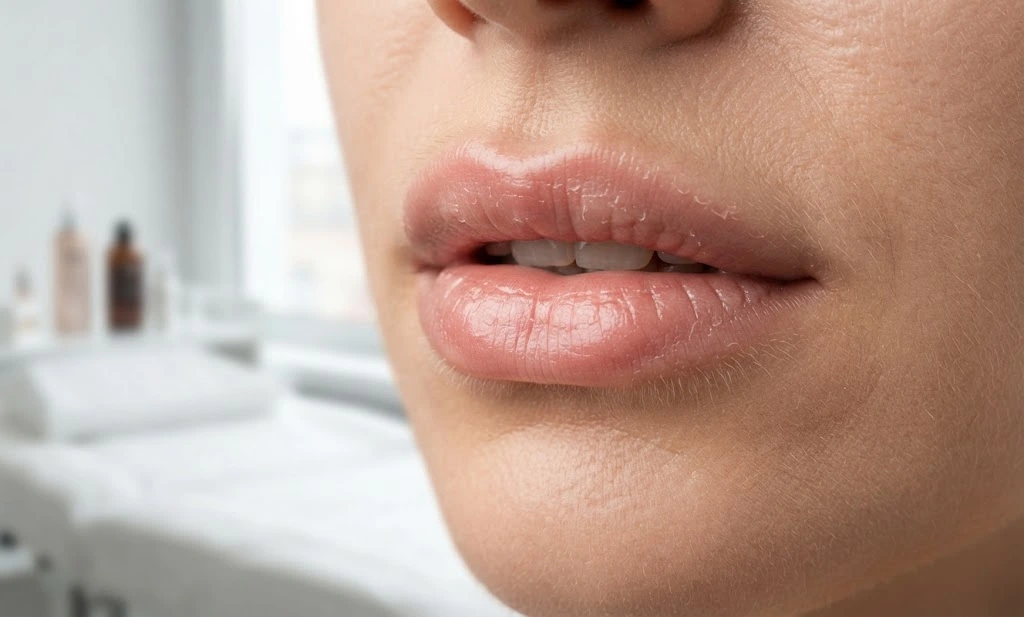 Lip blush healing with light peeling during days three and four.