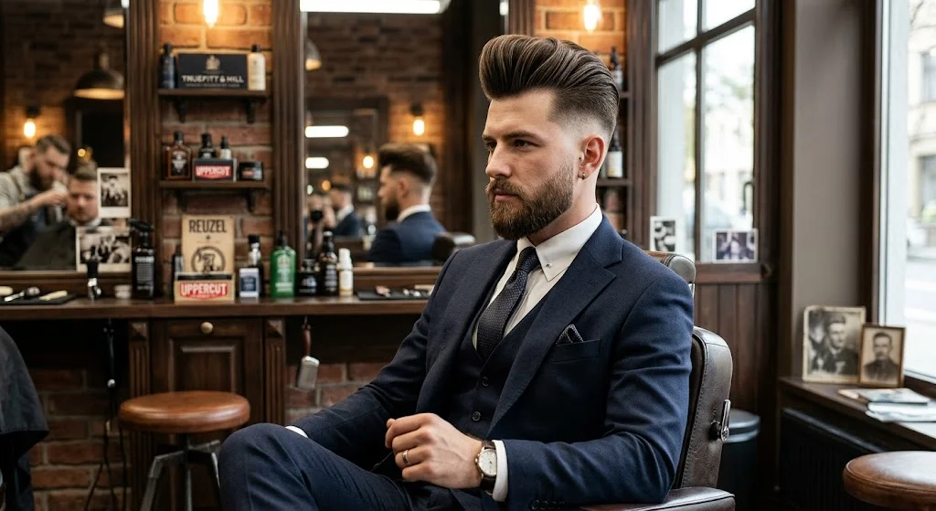 Modern pompadour fade hairstyle for men.