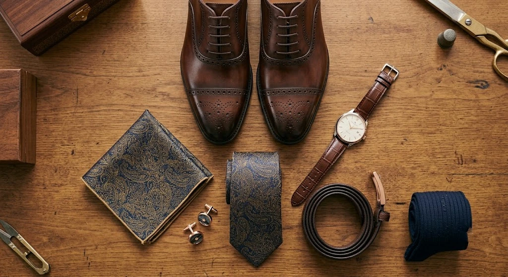 Men's wedding accessories including shoes, tie, cufflinks, and watch.