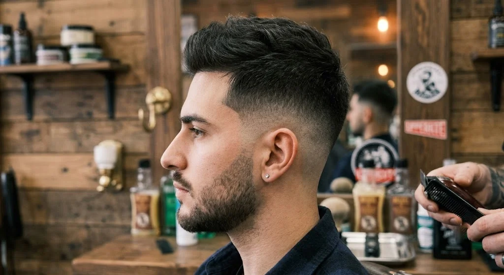 Sharp skin fade haircut with textured hair on top.