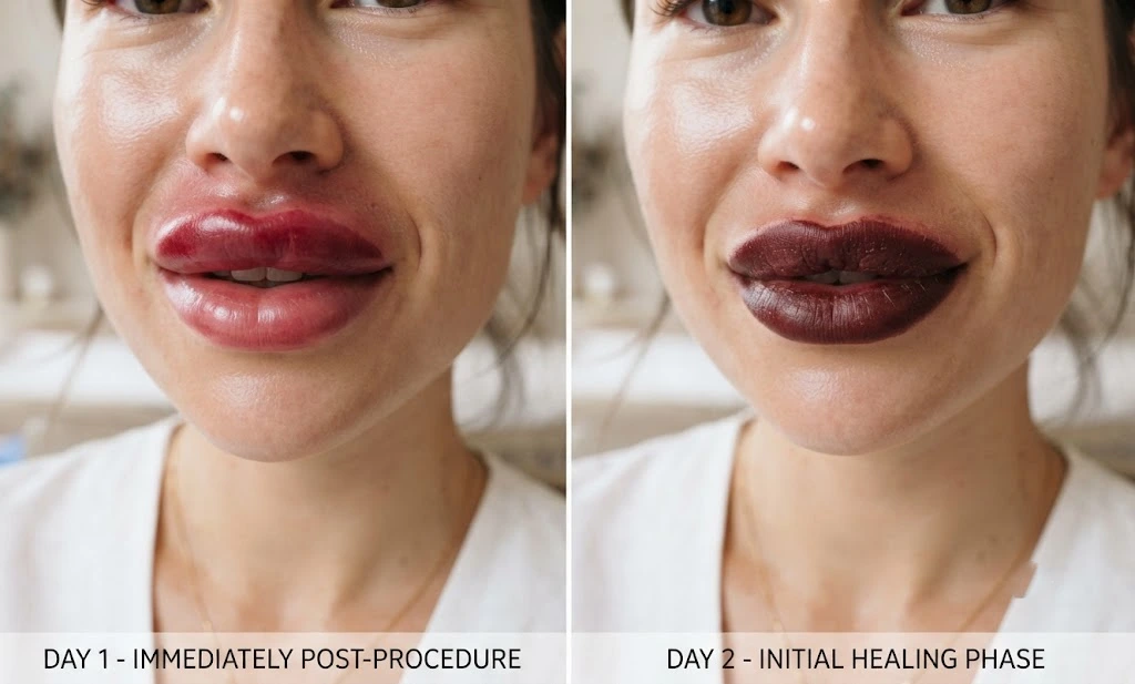 Lips during the first two days of the lip blush healing process with mild swelling.