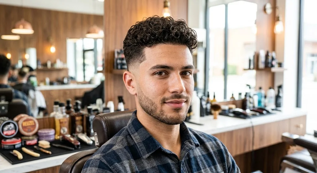 Curly hairstyle with a clean temple fade.