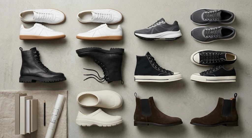 Unisex shoe styles including sneakers, combat boots, Chelsea boots, and clogs.
