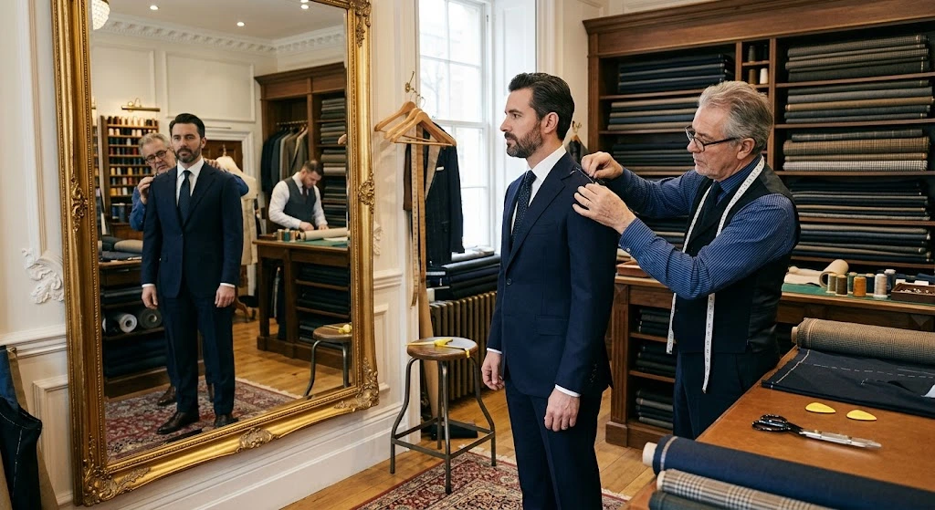 Tailor fitting a navy suit for a wedding guest.