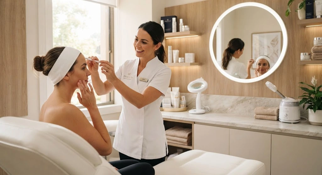 Beauty therapist consulting with a client before a skincare treatment.