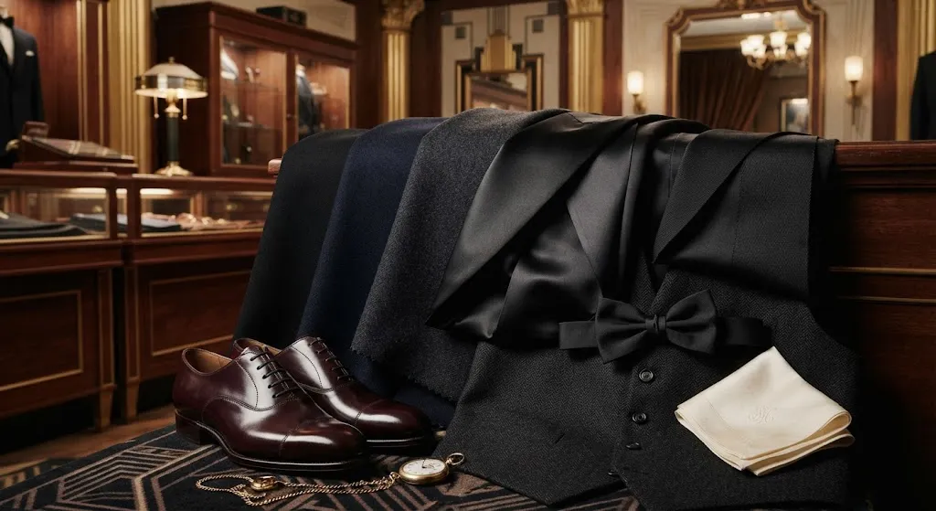 Dark wool satin and silk fabrics used in 1920s formal wear