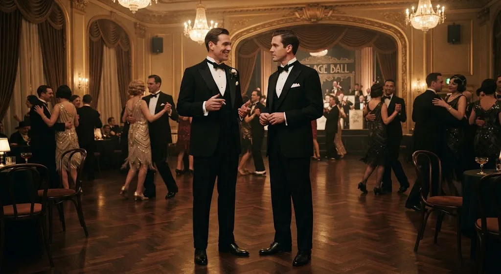 Men wearing formal tuxedos and bow ties at a 1920s evening event