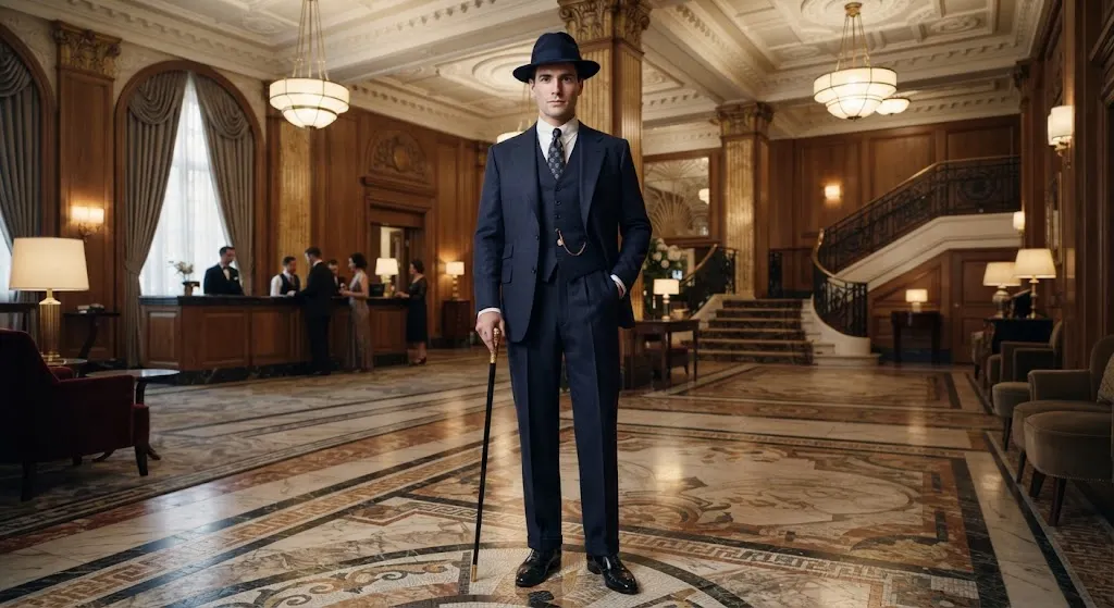 1920s man wearing a dark three-piece formal suit