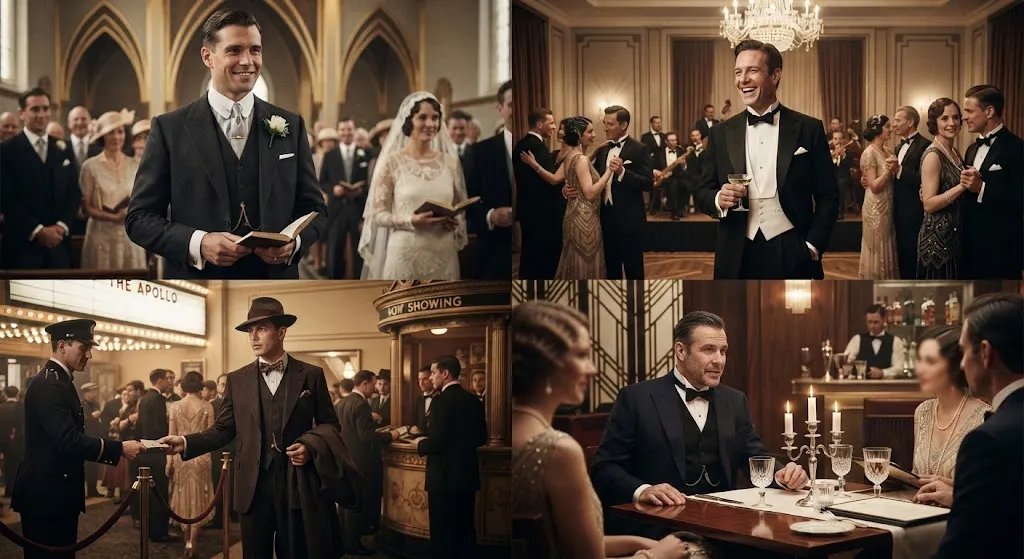 1920s men wearing formal outfits for weddings parties theater and dinners