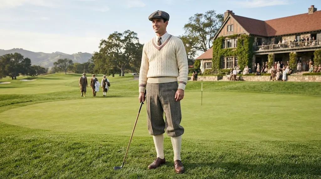 1920s golfer wearing traditional leather golf shoes and plus-fours